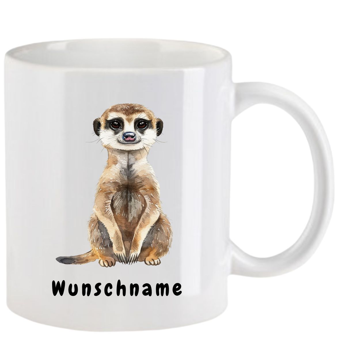 Weißer Becher mit einer Erdmännchen-Illustration und dem Text 