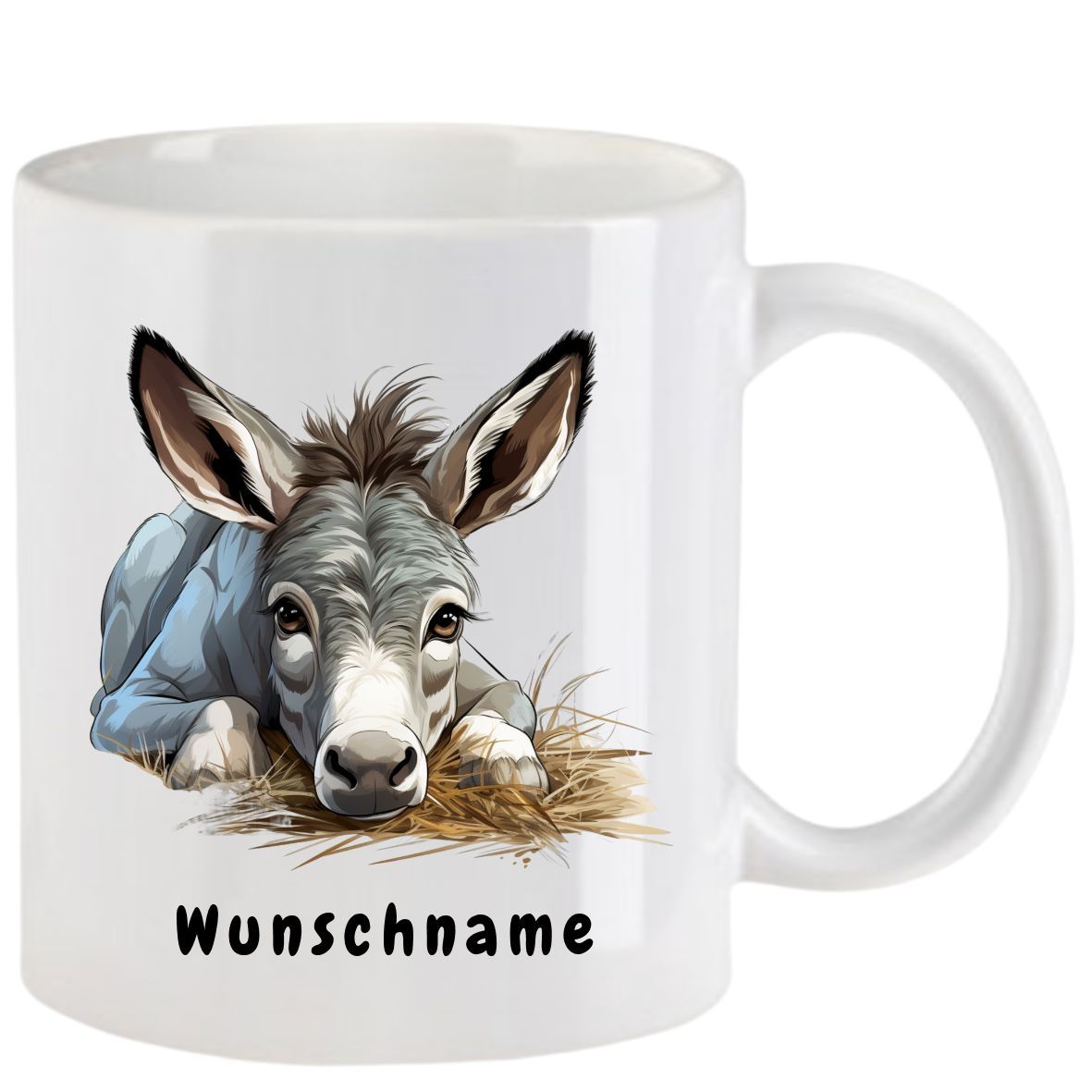 Weißer Becher mit einem Comic-Esel, der auf Heu liegt; darunter steht der Text „Wunschname“.