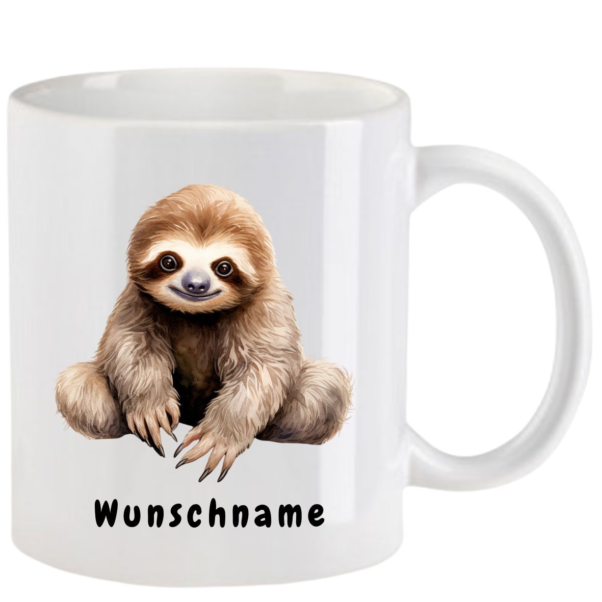 Weißer Becher mit einem lächelnden Faultier und dem Text 