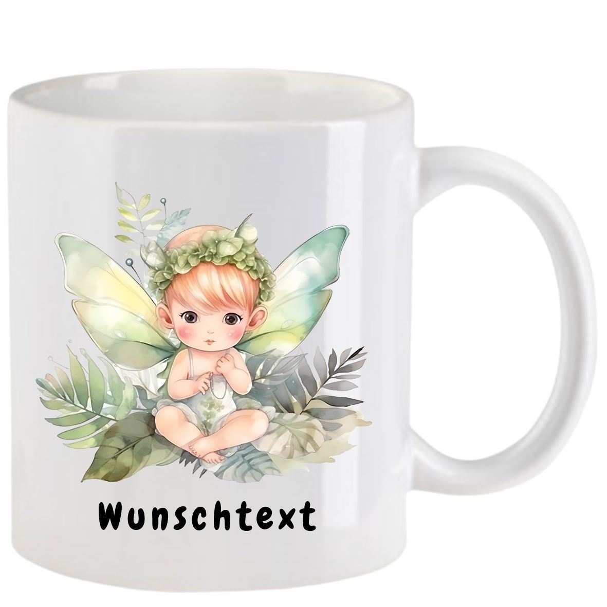 Weißer Becher mit Feenillustration; ein Baby mit Flügeln und Blumenkranz sitzt zwischen Blättern, mit dem Text 