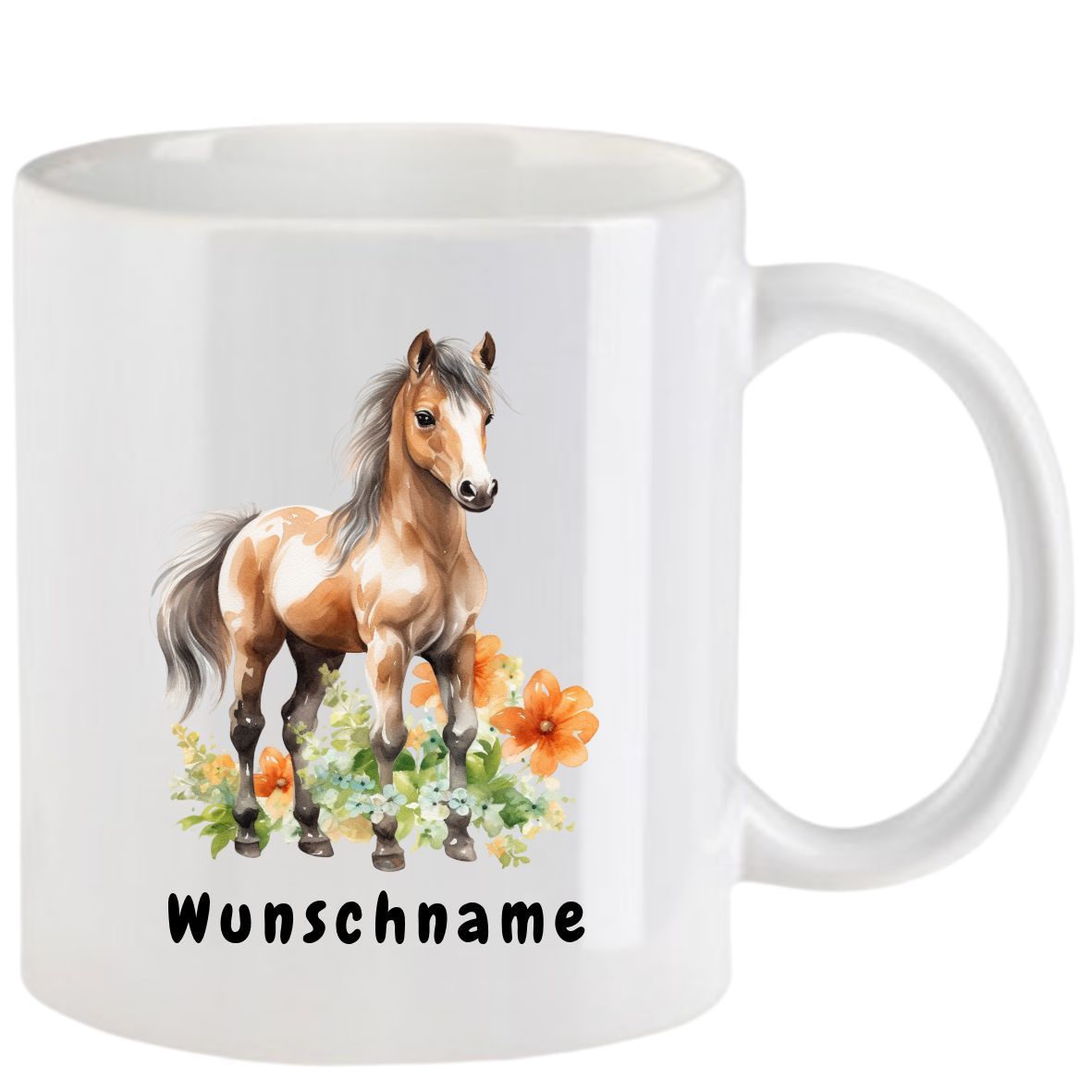 Weißer Becher mit Pferdeabbildung und dem Schriftzug „Wunschname“.