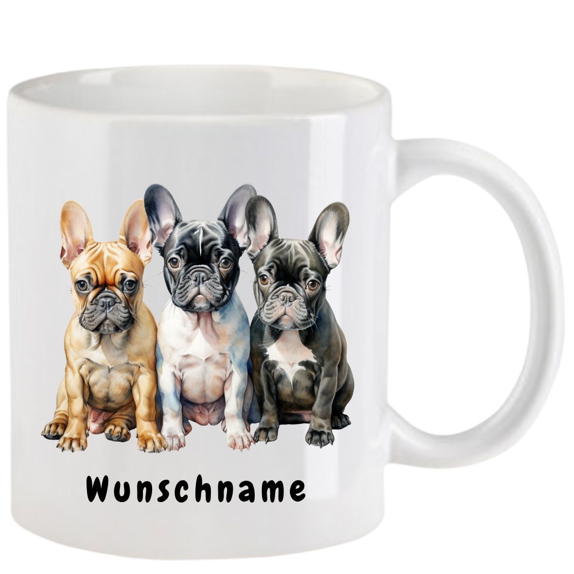 Weißer Becher mit drei französischen Bulldoggen, Text: 
