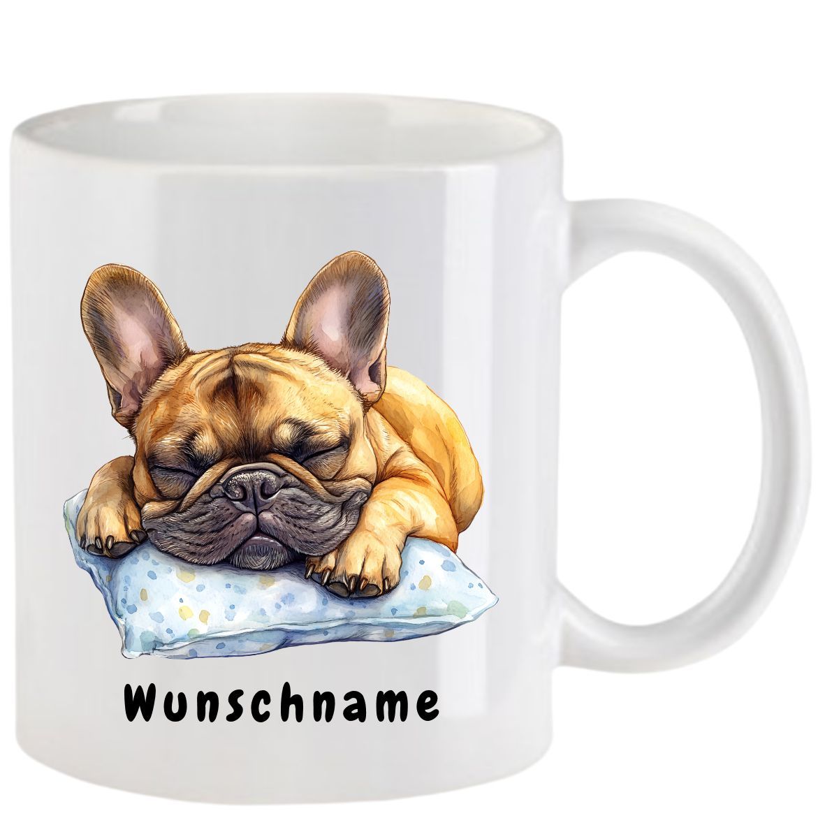 Weißer Becher mit einer schlafenden französischen Bulldogge; Aufschrift: 
