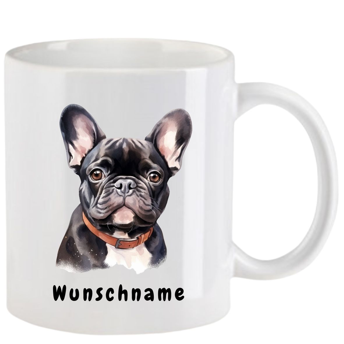 Weißer Kaffeebecher mit einem Porträt einer schwarzen französischen Bulldogge im Aquarellstil
