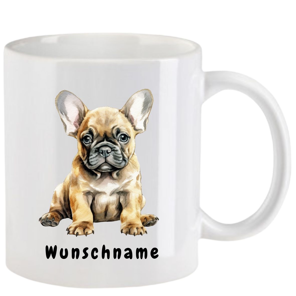 Weißer Becher mit einer braunen französischen Bulldogge und dem Wort 