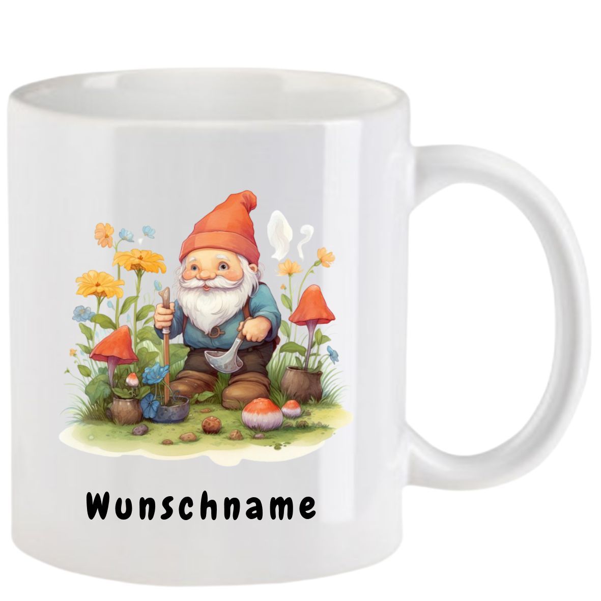 Weißer Becher mit Gartenzwerg-Illustration und dem Schriftzug „Wunschname“.