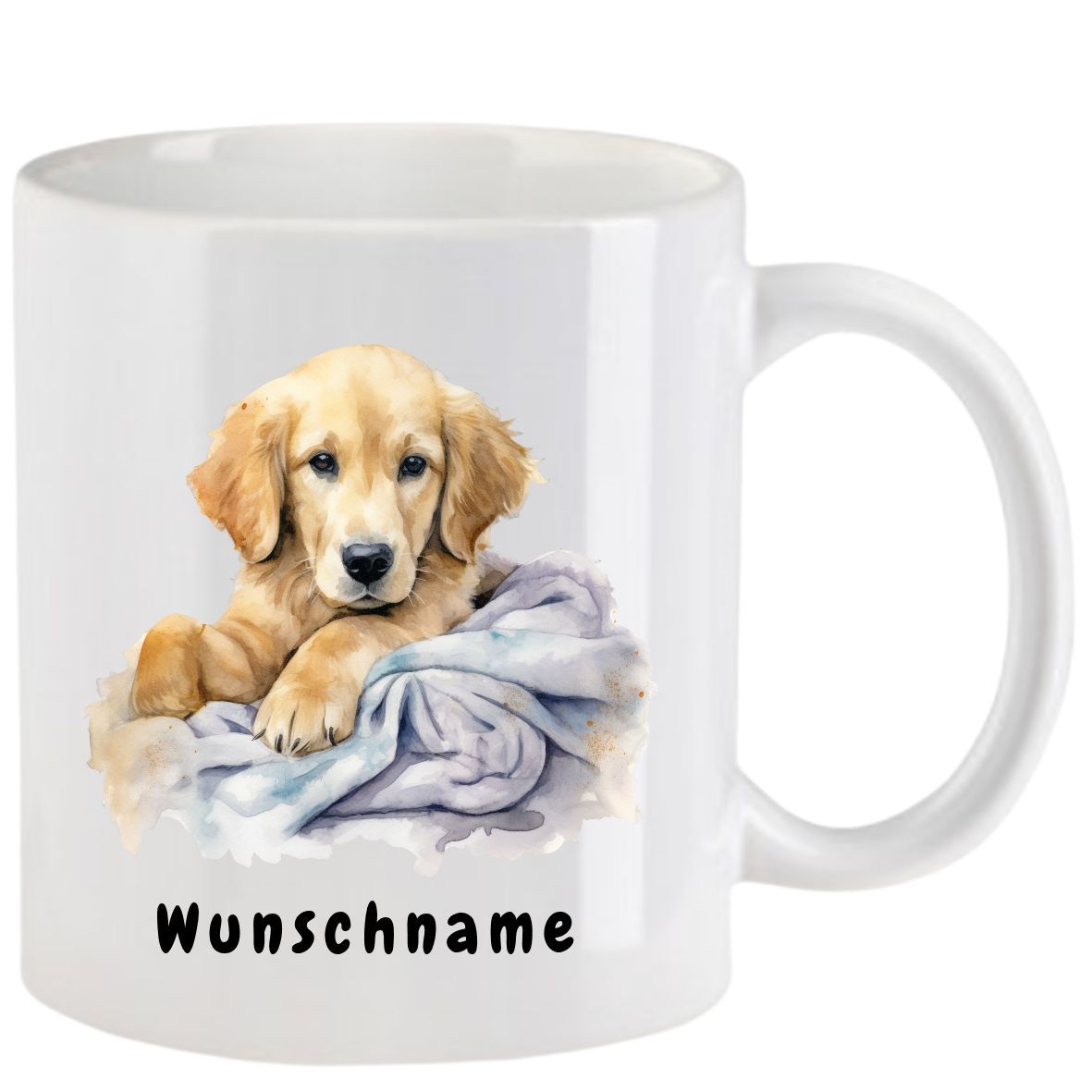 Weißer Becher mit einem Golden-Retriever-Welpen und dem Wort „Wunschname“.