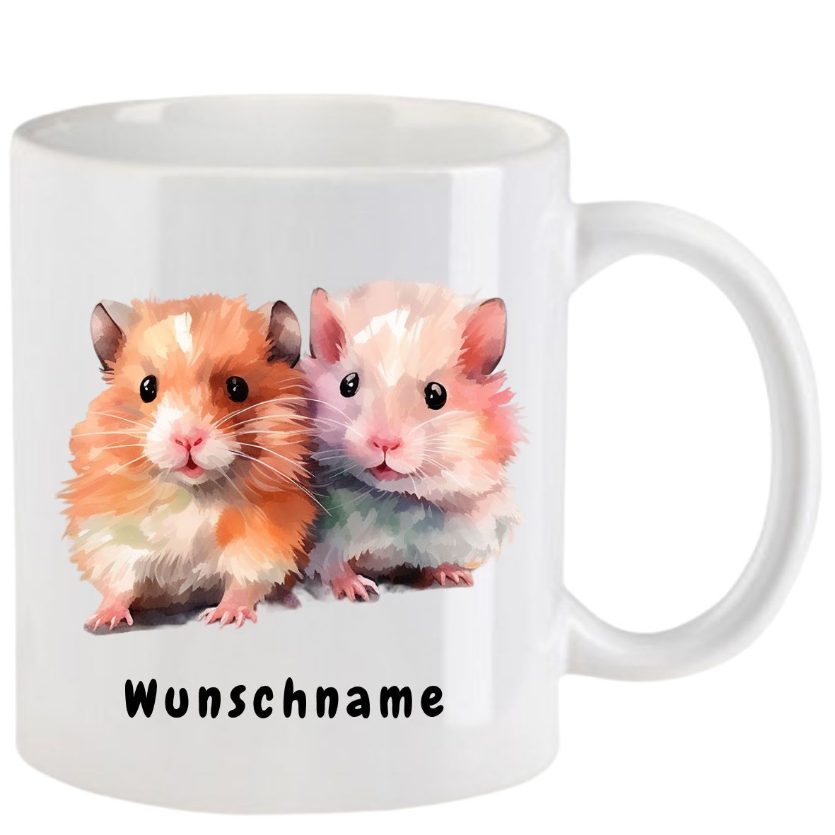 Weißer Becher mit zwei Hamstern im Aquarellstil; einer orange, einer rosa. Unten steht „Wunschname“.
