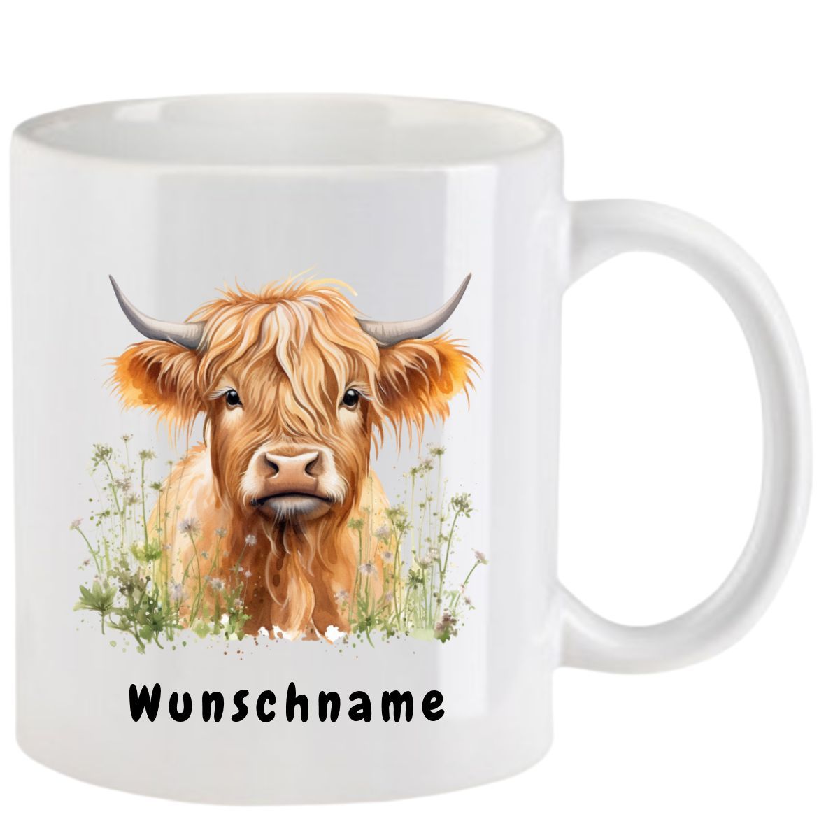 Weißer Becher mit einem Aquarellbild einer braunen Hochlandkuh und dem Text 