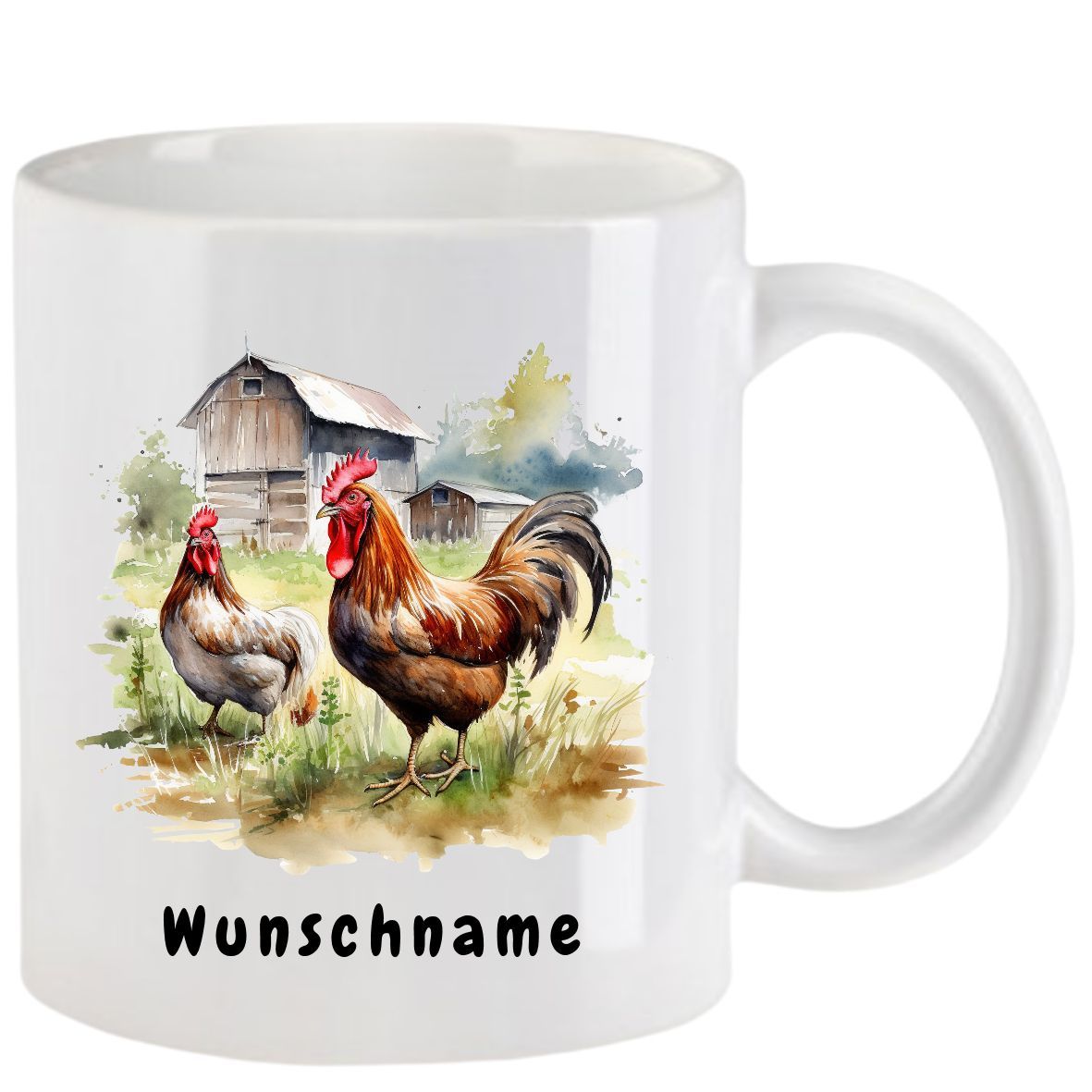 Weißer Becher mit Aquarellmotiv von Hahn und Henne auf einem Bauernhof, Aufschrift „Wunschname“.