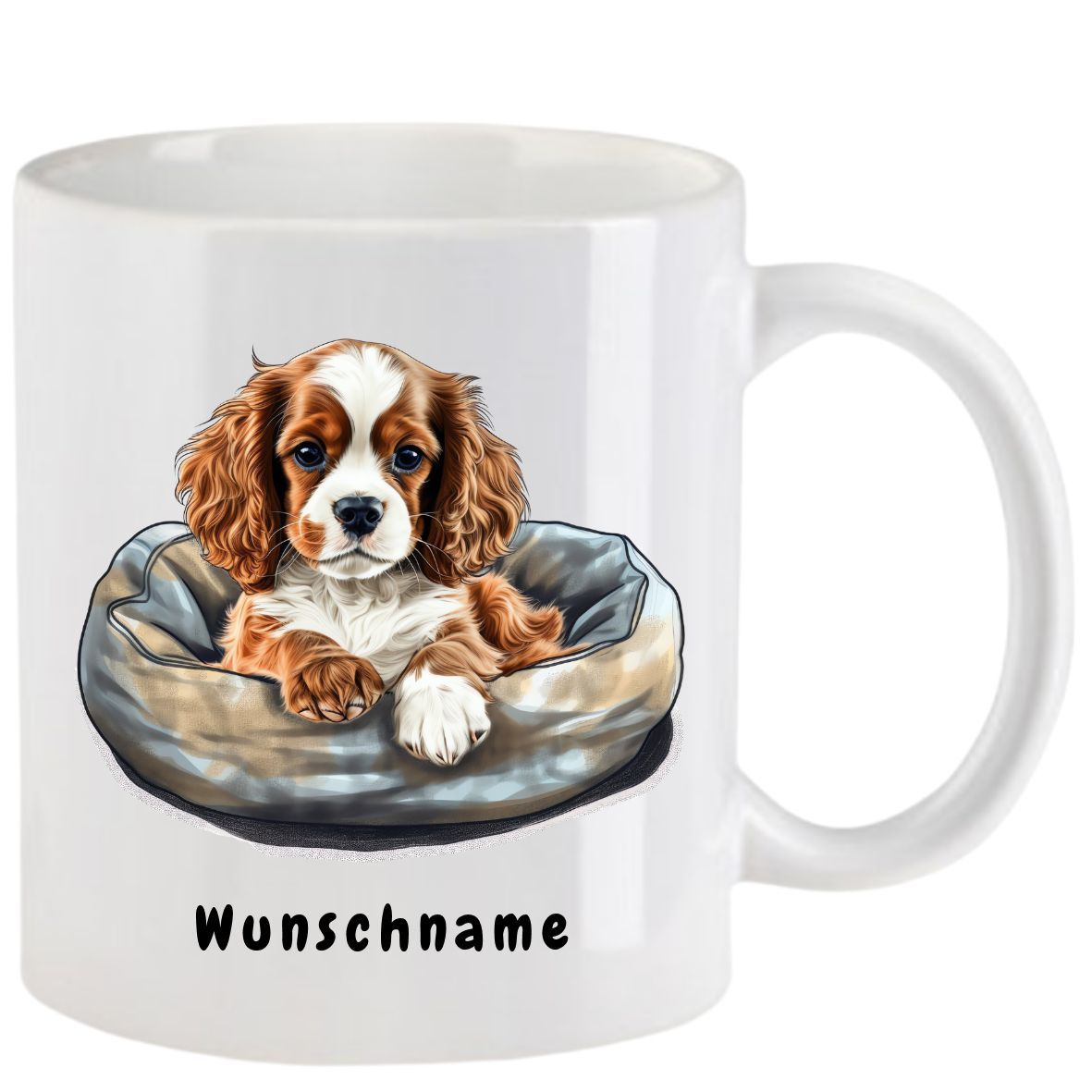 Weißer Becher mit einem King Charles Spaniel Welpen in einem Hundebett und dem Text 