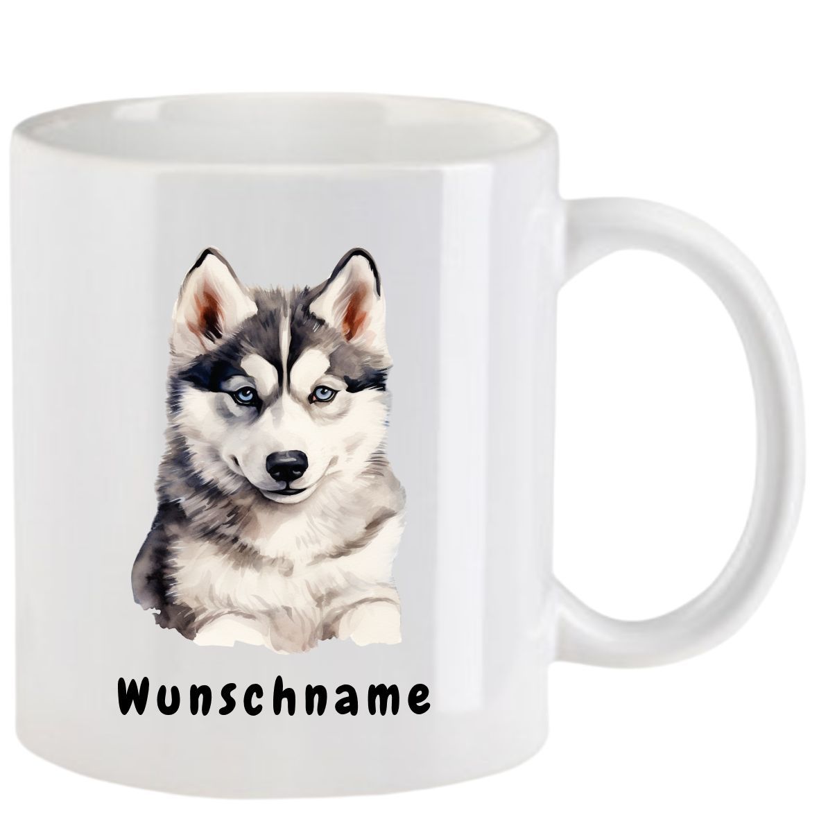 Weißer Becher mit einer Illustration eines Huskywelpen im Aquarellstil, darunter das Wort „Wunschname“.