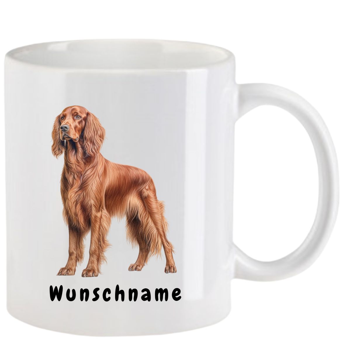 Weißer Becher mit einer Abbildung eines Irish Setters und dem Text 