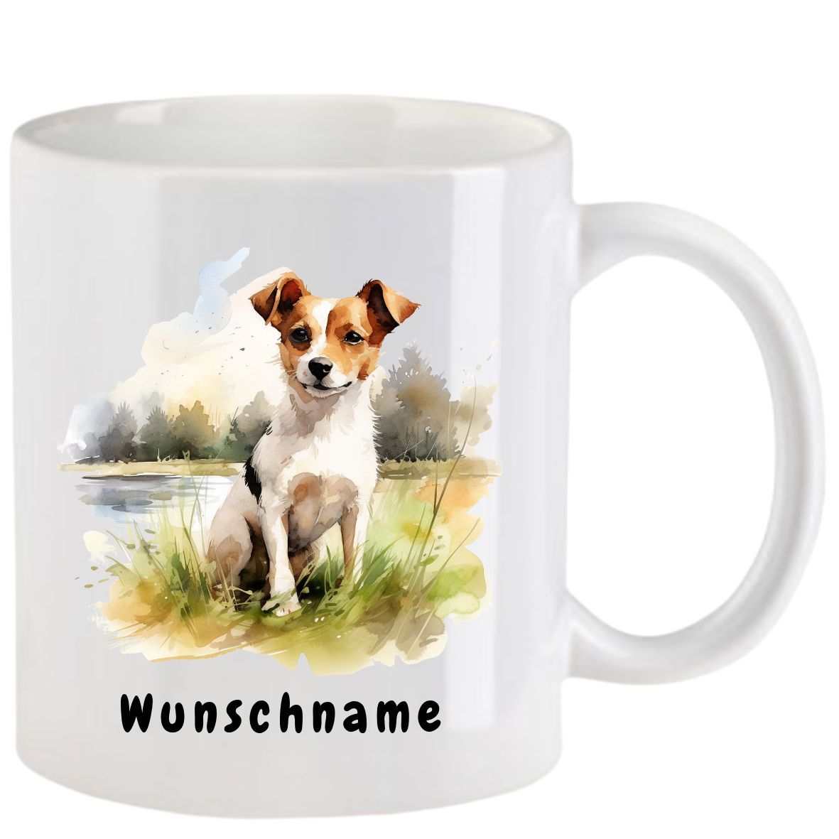 Weißer Becher mit einem Jack Russell Terrier im Aquarellstil in einer Graslandschaft, Text 