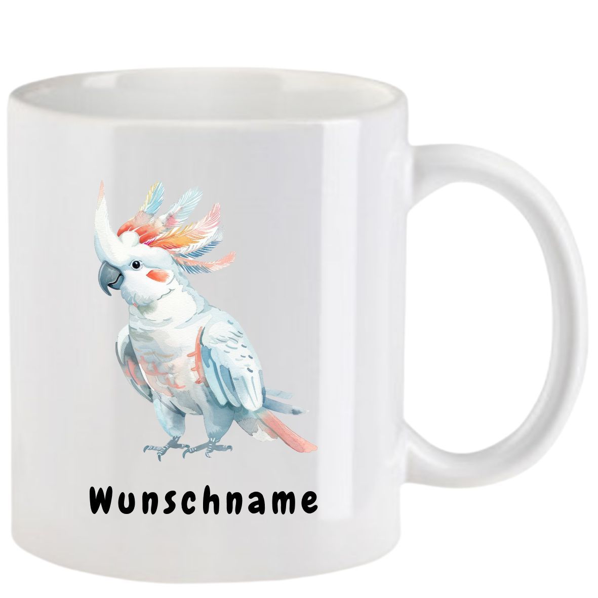 Weißer Becher mit einem Aquarell-Kakadu-Motiv; der Text lautet 