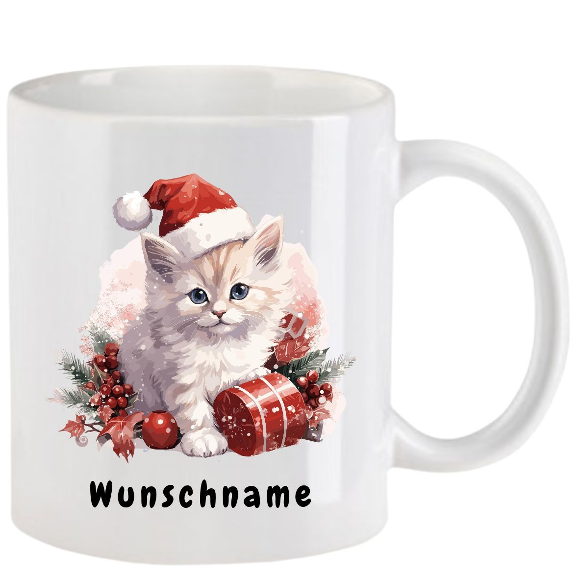 Weißer Becher mit einem Kätzchen, das eine Weihnachtsmannmütze trägt. 