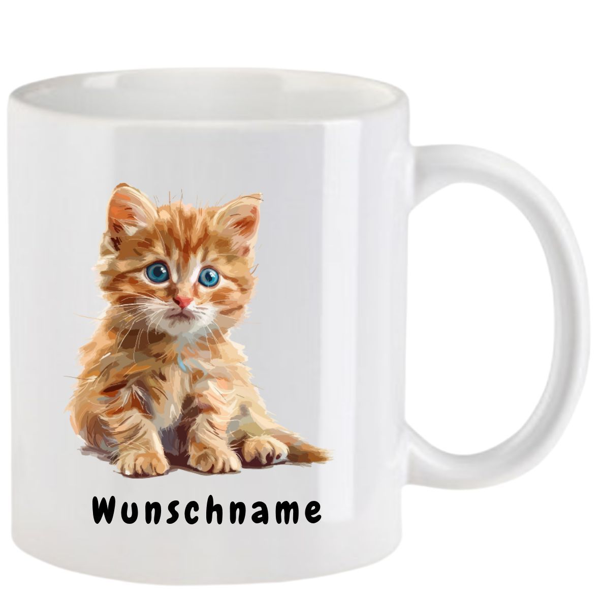 Weißer Kaffeebecher mit einem orangefarbenen Kätzchen und dem darunter aufgedruckten Wort „Wunschname“.