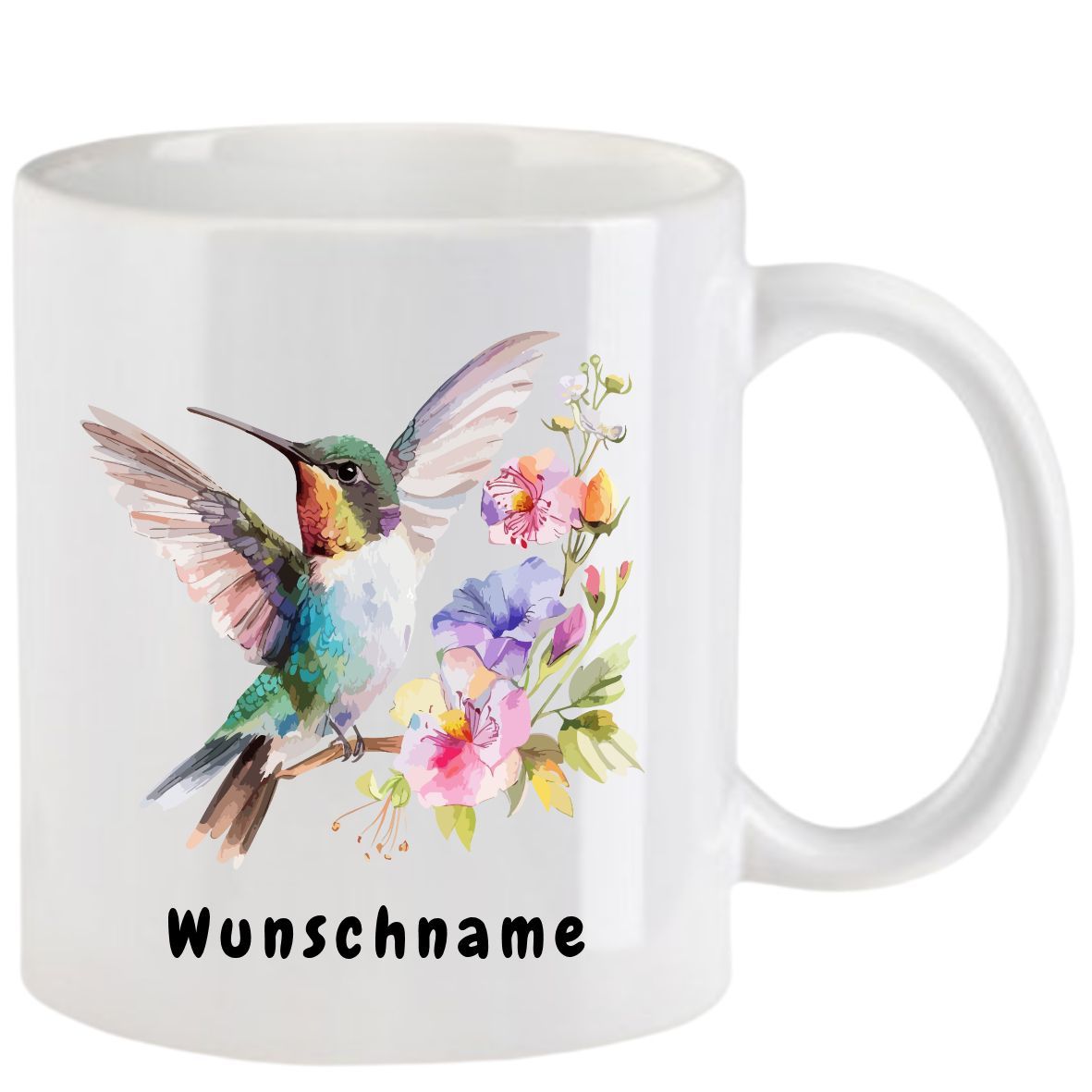 Weißer Becher mit einem Aquarell-Kolibri und Blumen; der Text lautet 