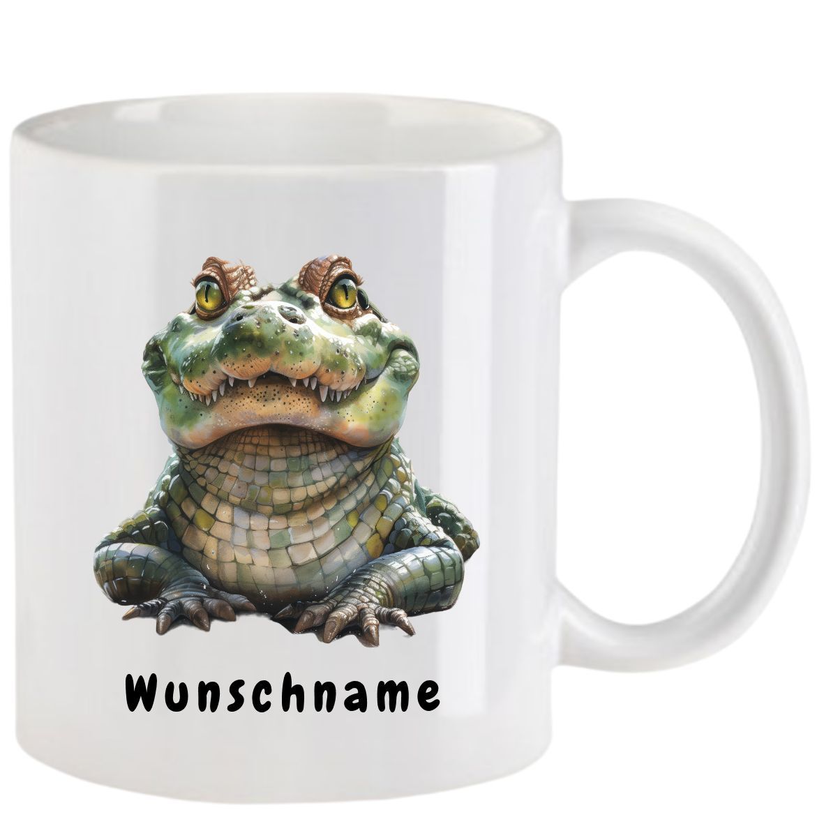 Weißer Kaffeebecher mit Comic-Krokodil; darunter deutscher Text „Wunschname“.