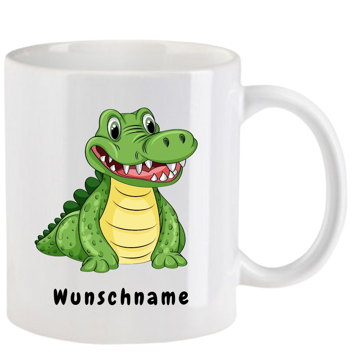 Weißer Becher mit einem lächelnden grünen Cartoon-Alligator; Text: 