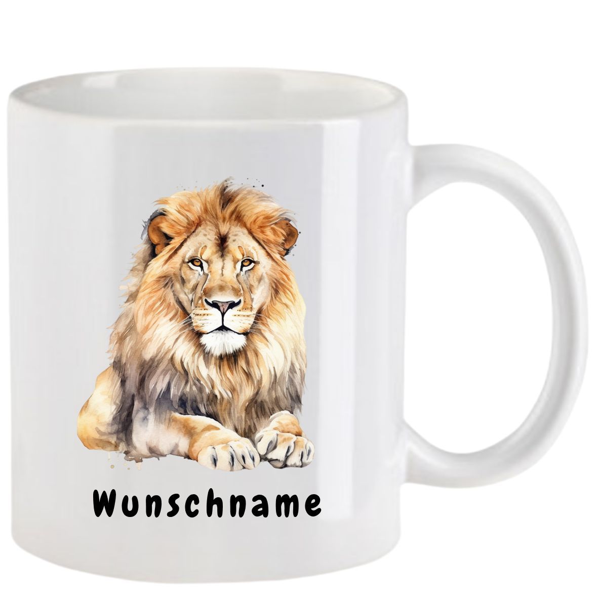 Weißer Becher mit Aquarell-Löwenillustration und dem Text „Wunschname“.