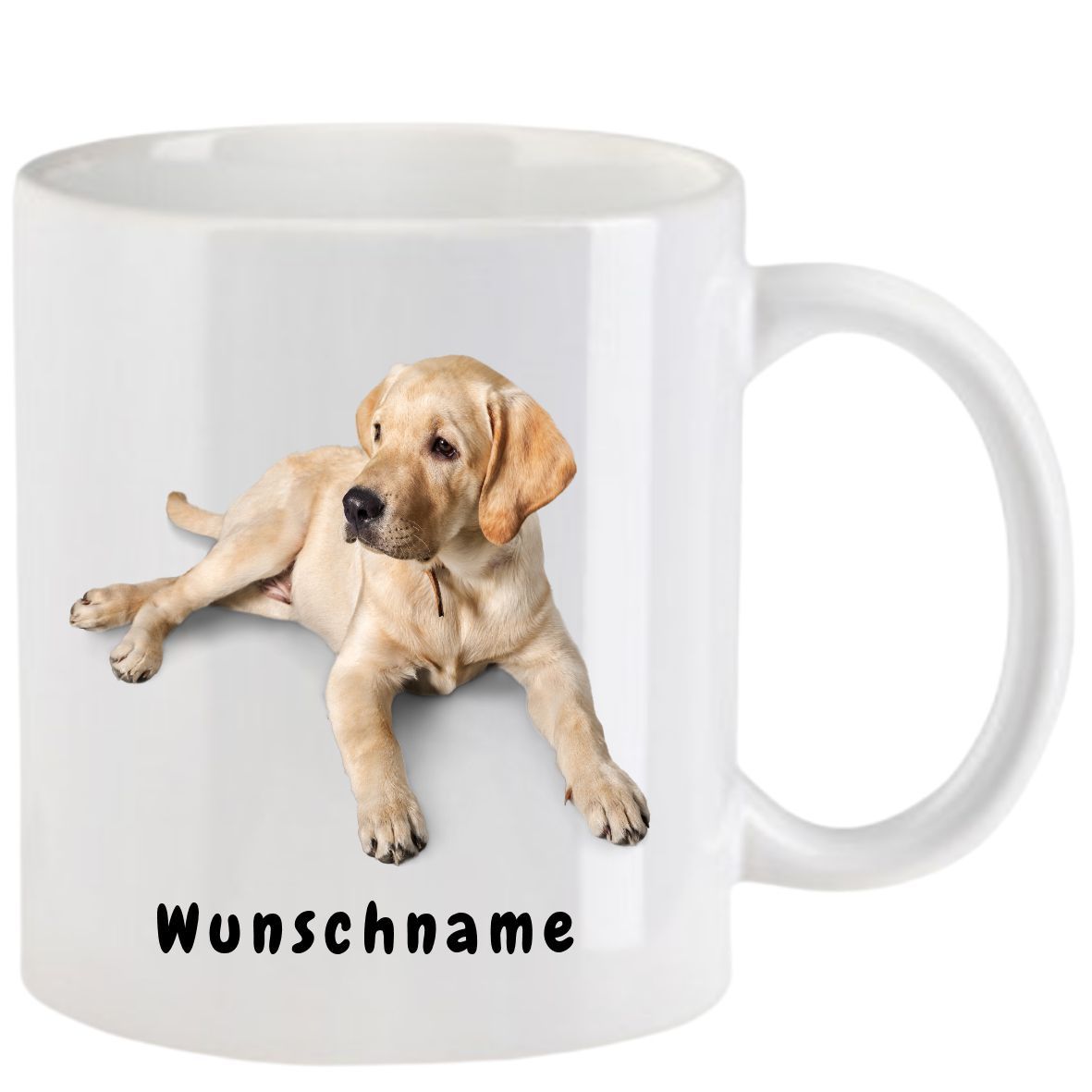 Weißer Becher mit einem hellbraunen Labradorwelpen, Text 