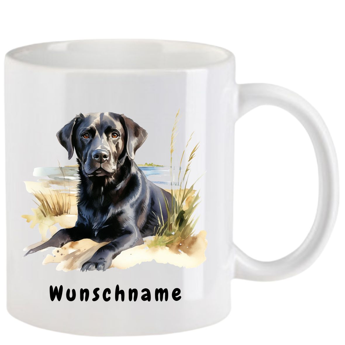 Weißer Becher mit einer Abbildung eines schwarzen Labradors, darunter der Text „Wunschname“.