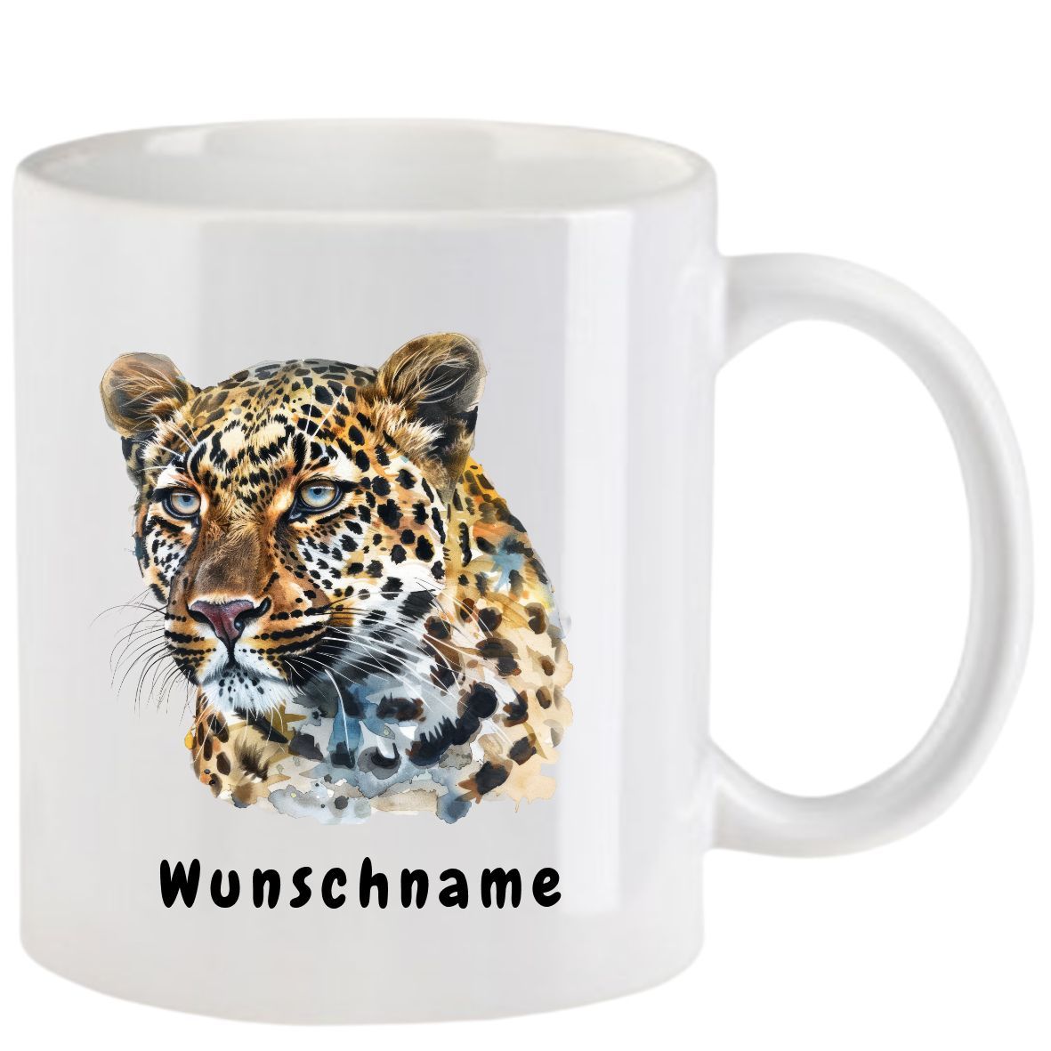 Weißer Becher mit einem Leopardenporträt im Aquarellstil und dem deutschen Wort „Wunschname“ darunter.