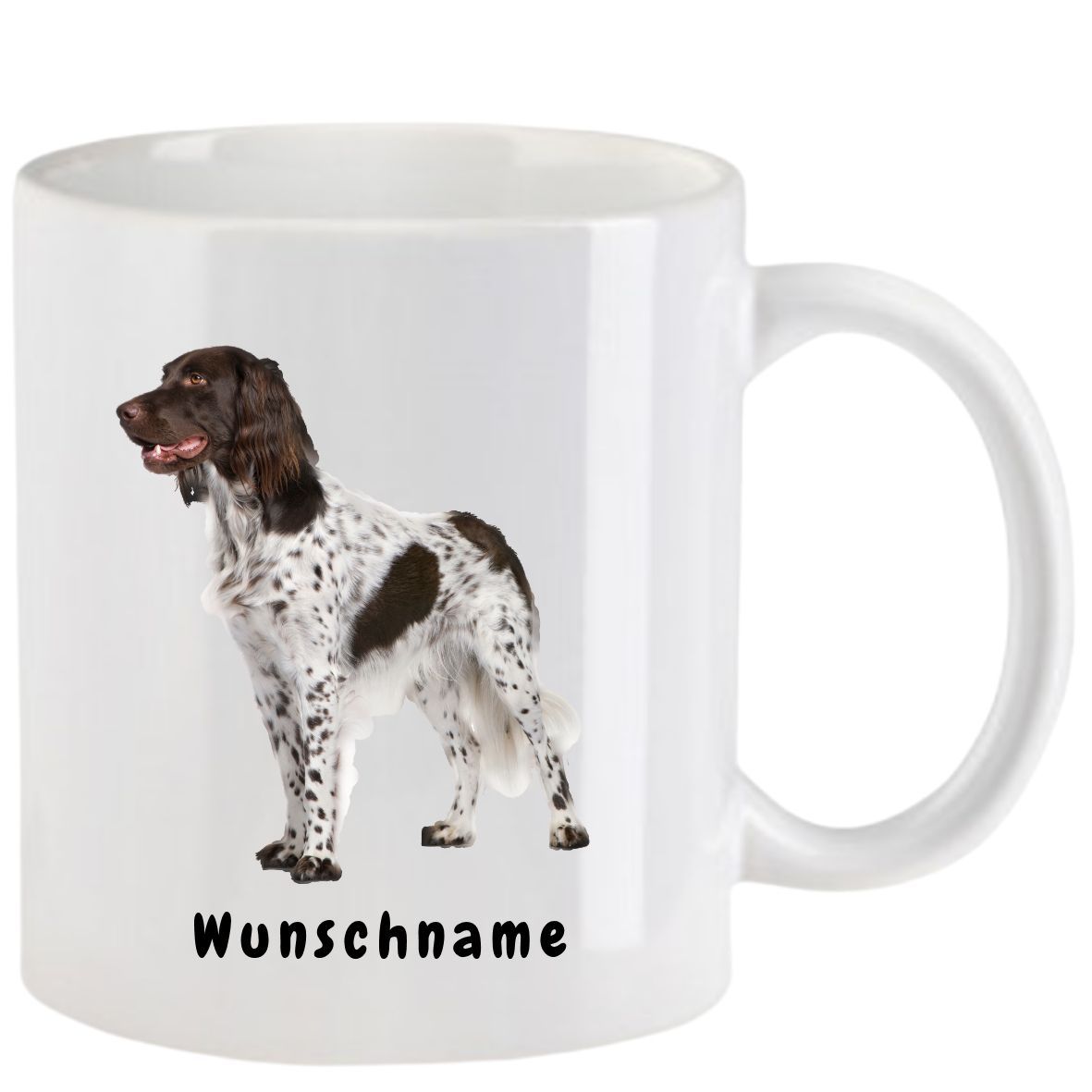 Weißer Becher mit einem braun-weißen Hund und dem Wort „Wunschname“ darunter.