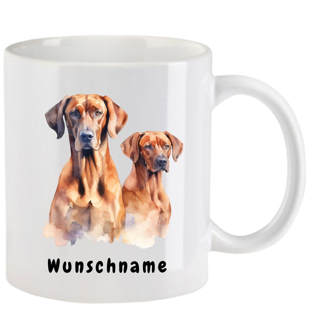 Weißer Becher mit Porträts von Rhodesian Ridgeback-Hunden im Aquarellstil; Schriftzug „Wunschname“ am Boden.