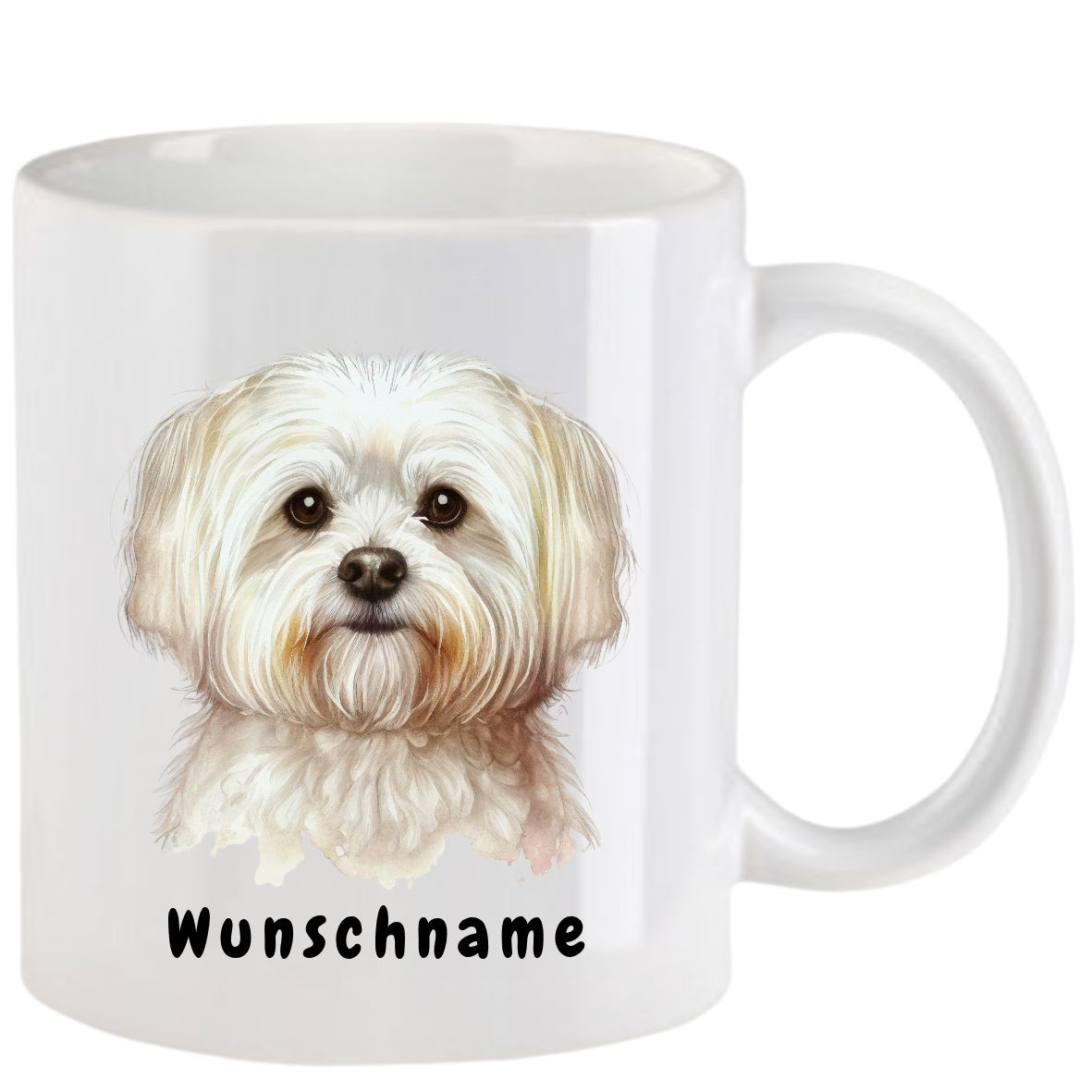 Weißer Becher mit dem Bild eines flauschigen weißen Hundes und dem Schriftzug „Wunschname“.