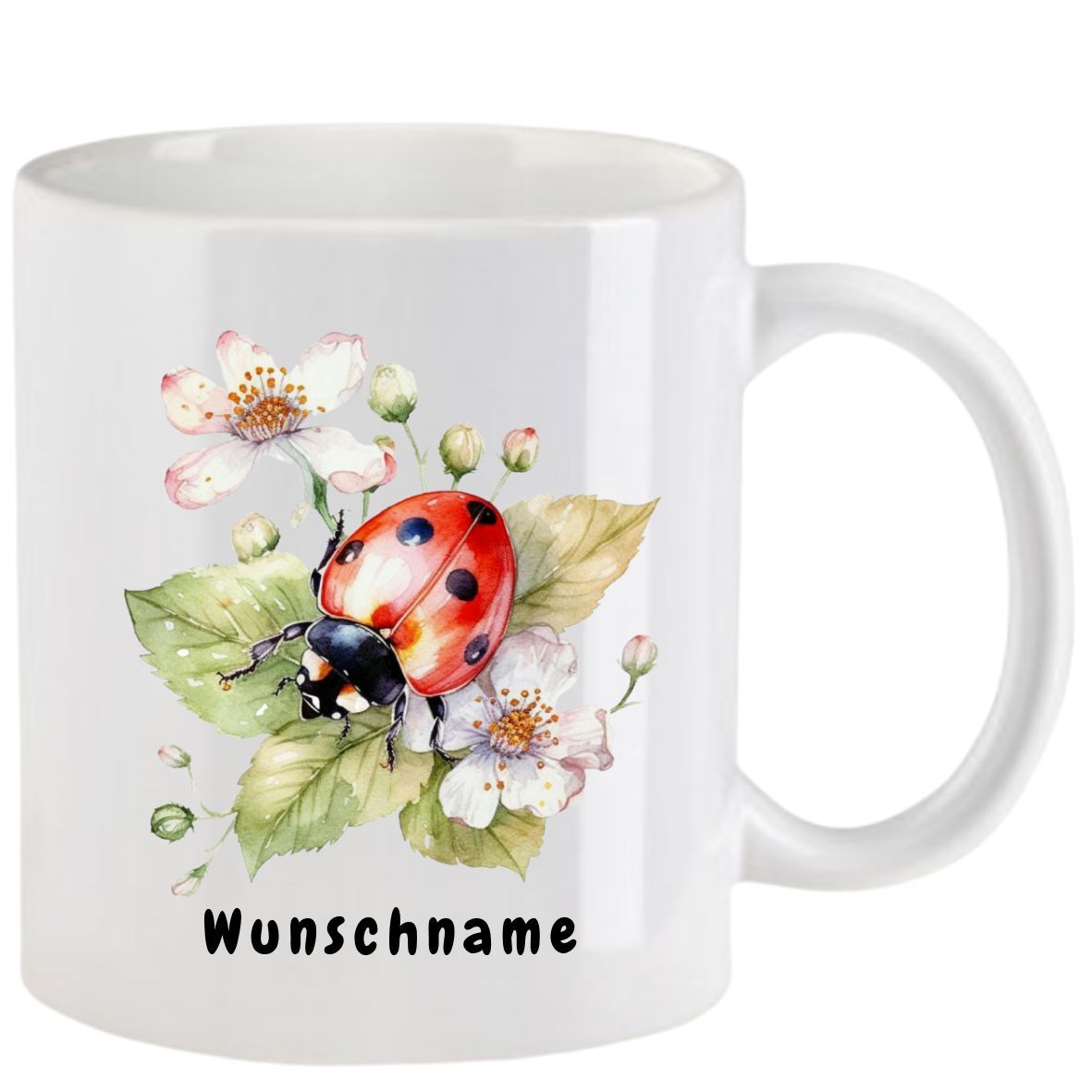 Weißer Becher mit einem Marienkäfer auf Blumen; der Text lautet 