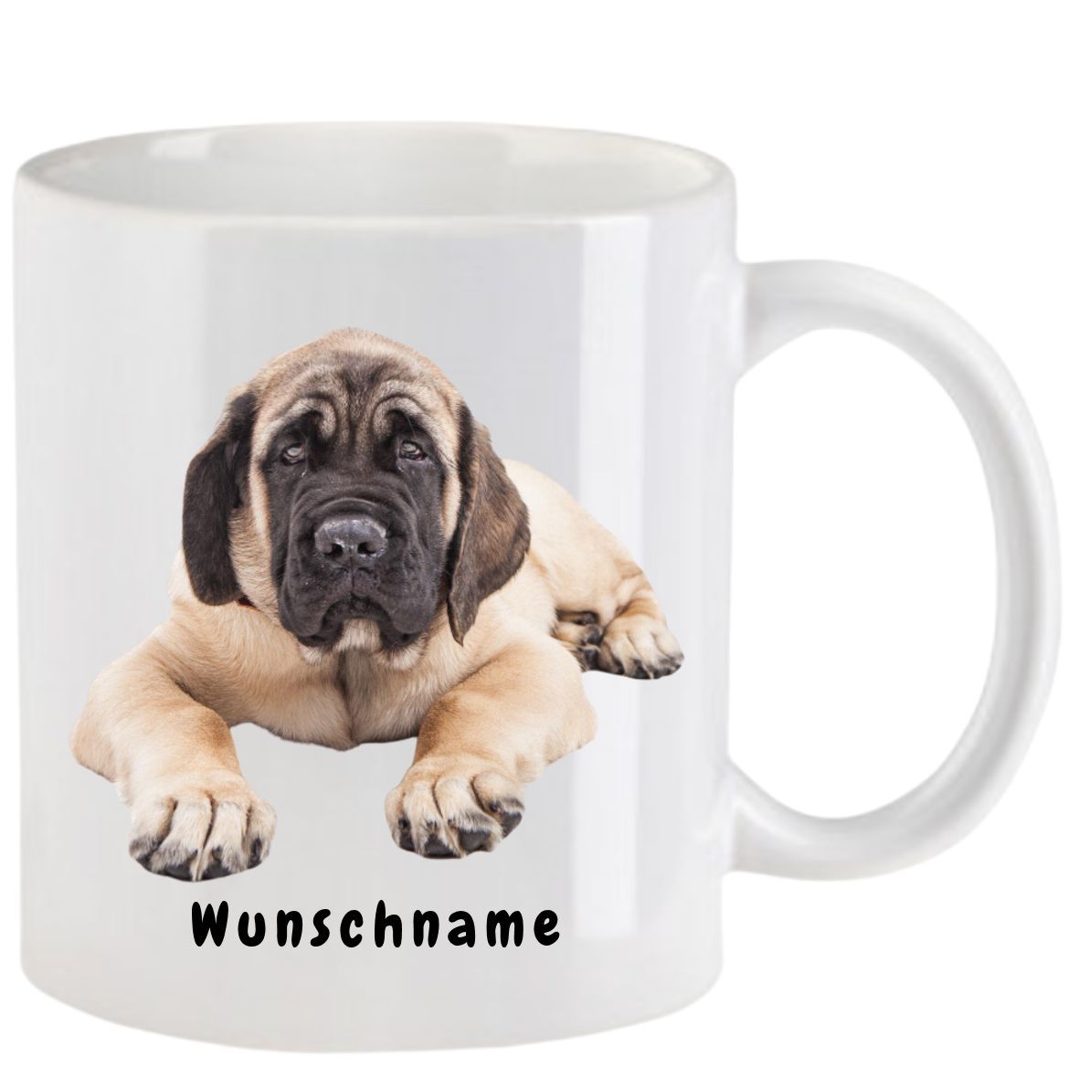 Weißer Becher mit einem hellbraunen Mastiff-Welpen und dem Schriftzug „Wunschname“.