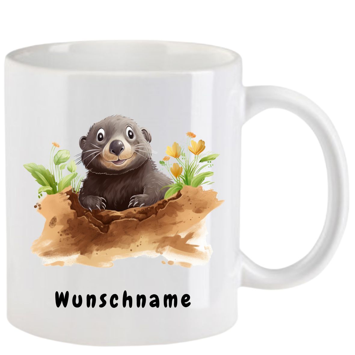 Weißer Becher mit einem Comic-Murmeltier, das aus seinem Bau kommt; darunter steht „Wunschname“.