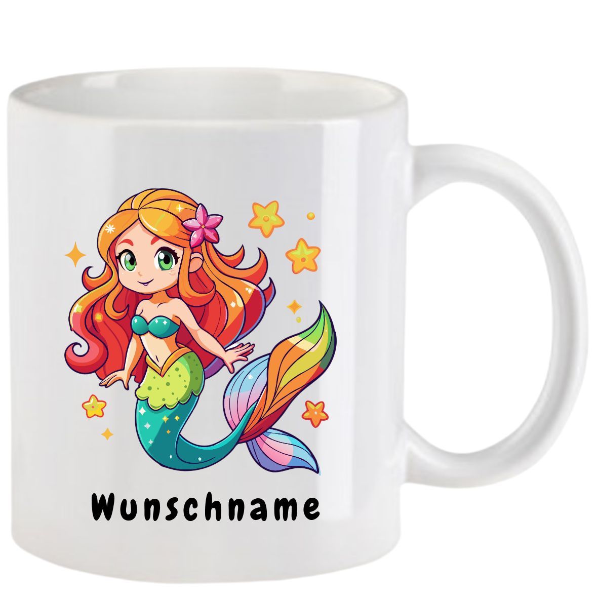 Weißer Becher mit einer Comic-Meerjungfrau, Sternen und dem Wort „Wunschname“