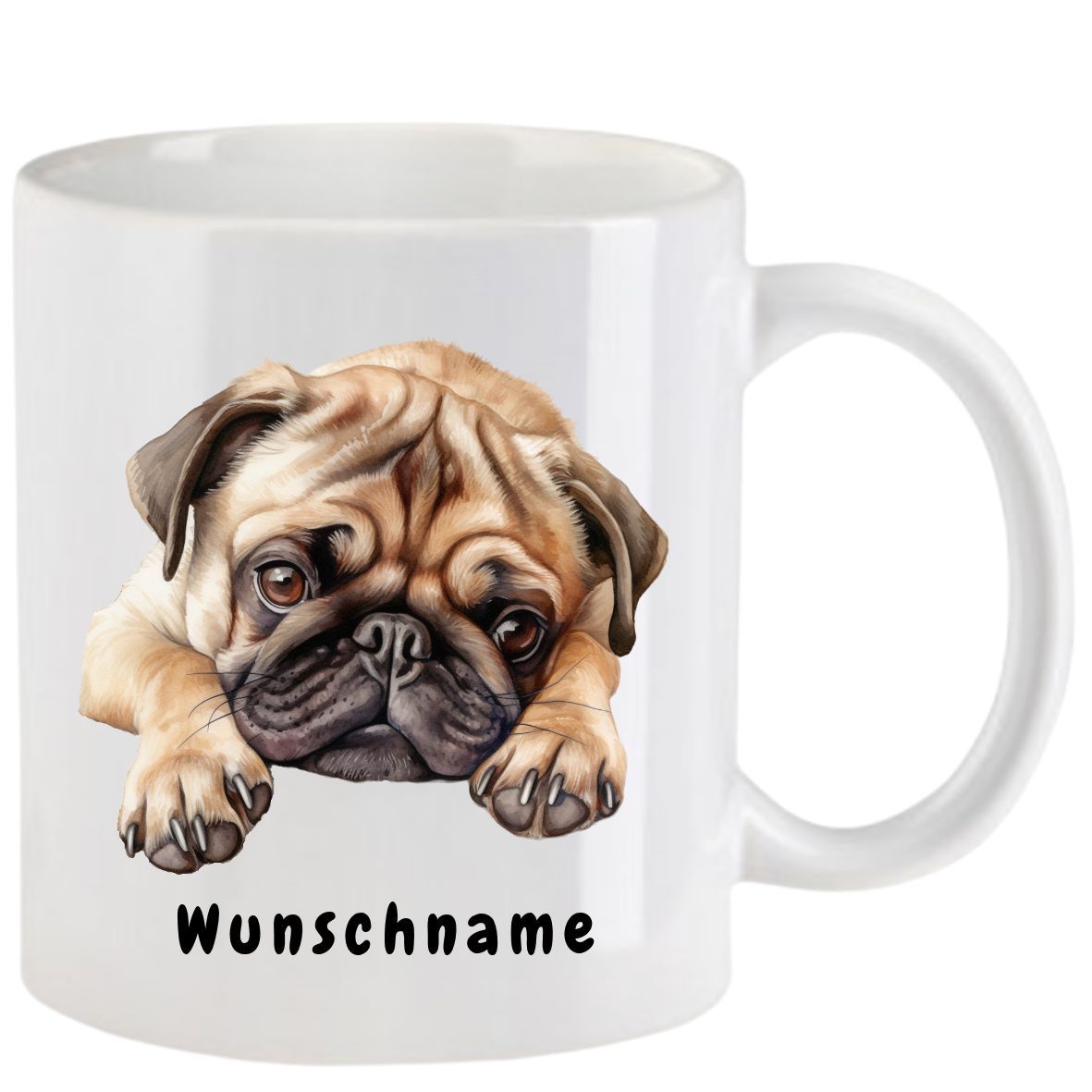 Weißer Becher mit einer Mops-Illustration im Aquarellstil und dem Wort „Wunschname“ am Boden.