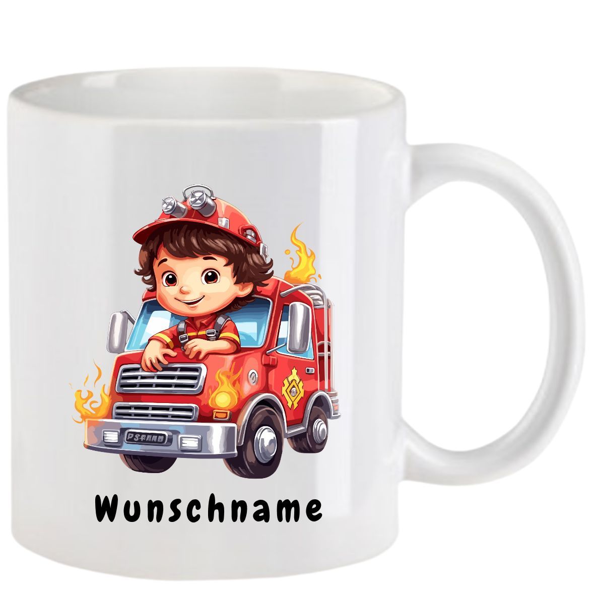 Weißer Becher mit einem Comic-Feuerwehrmann in einem roten Feuerwehrauto; Aufschrift: 
