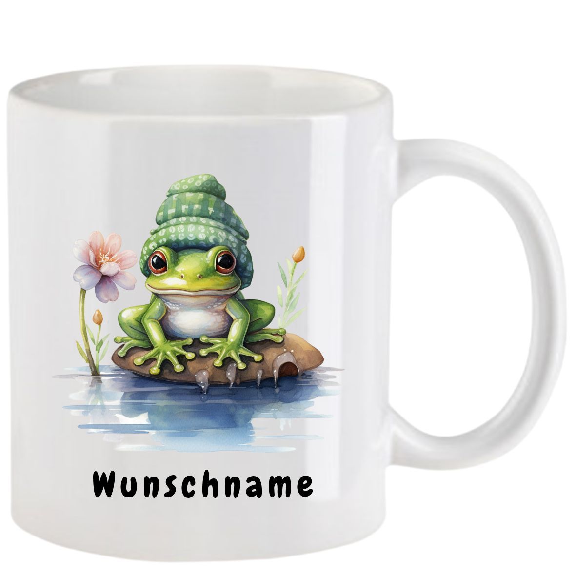 Weißer Becher mit einem Comic-Frosch, der einen grünen Hut trägt und auf einem Baumstamm im Wasser sitzt, umgeben von Blumen 