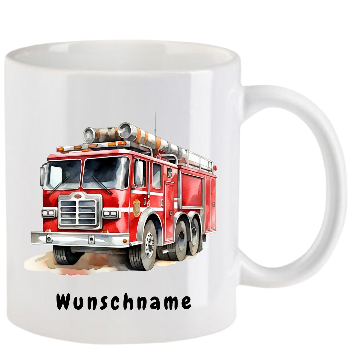 Weißer Becher mit einer Abbildung eines roten Feuerwehrautos und dem Wort „Wunschname“ am Boden.