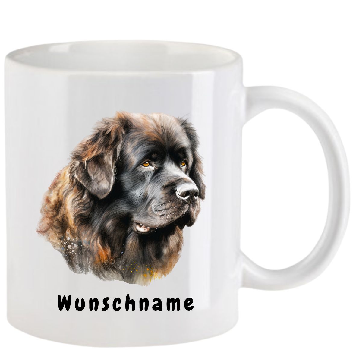 Weißer Becher mit dem Bild eines Neufundländers; Aufschrift: 