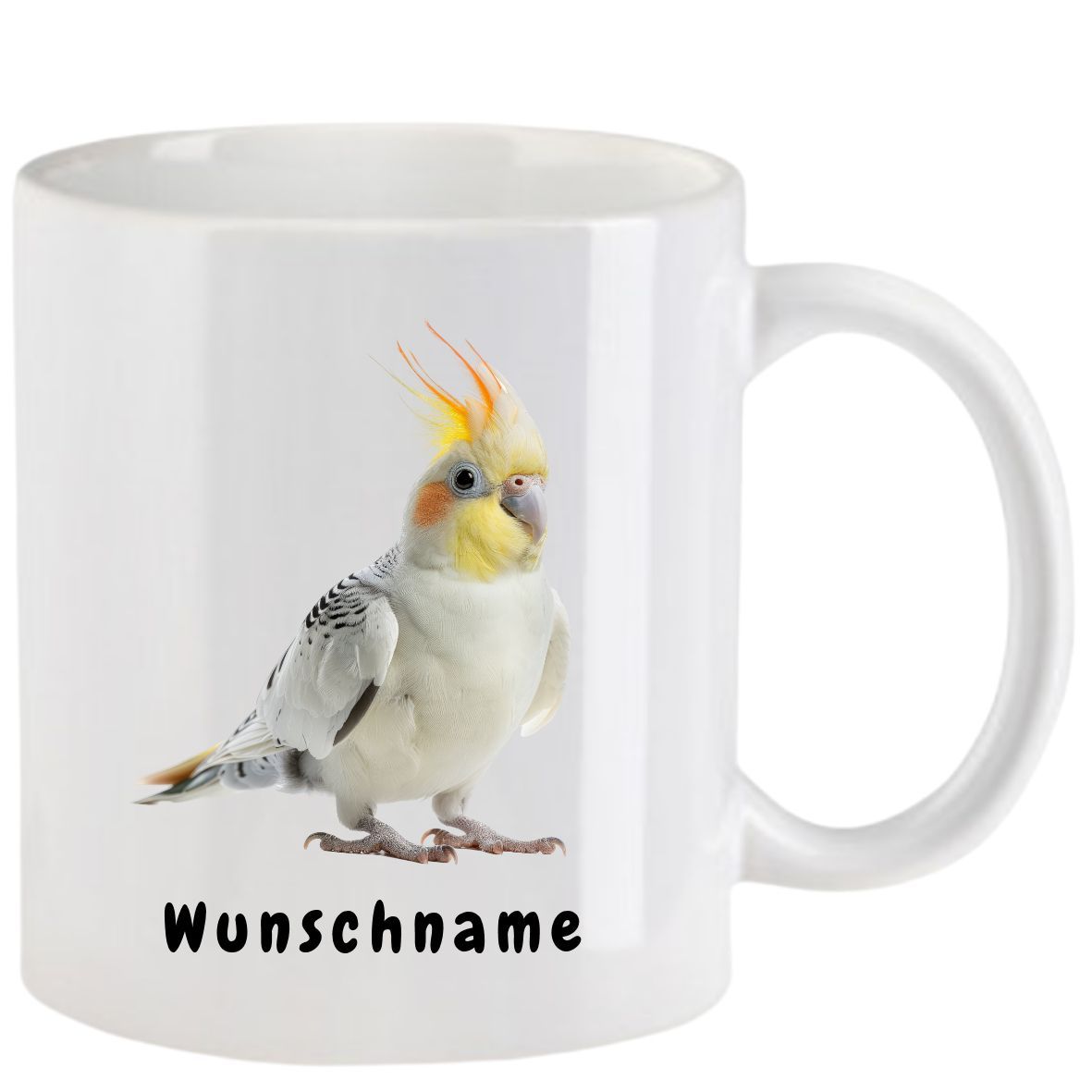 Weißer Becher mit einer Nymphensittich-Illustration und dem Text 