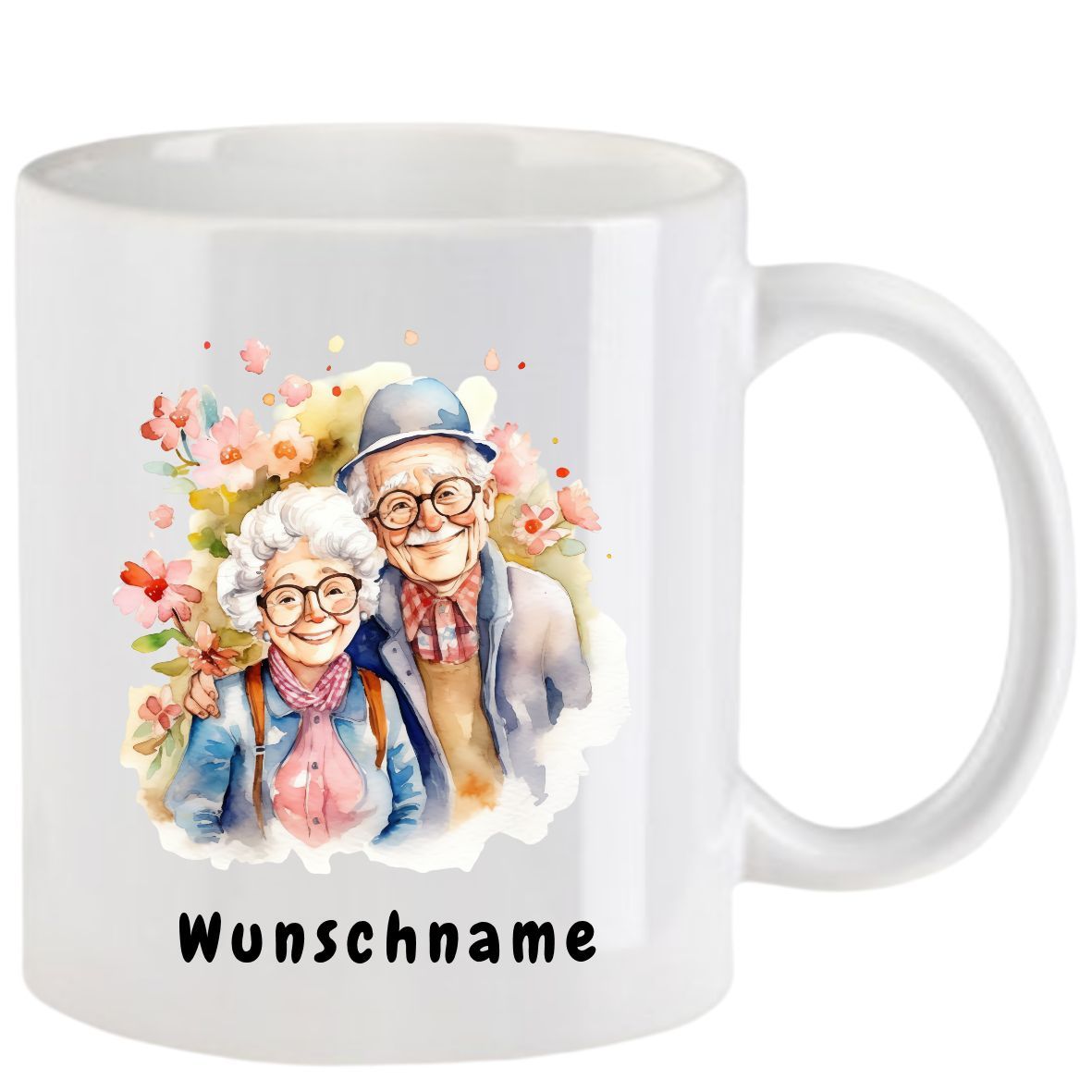 Weißer Becher mit einer Aquarellillustration eines älteren Paares, umgeben von Blumen, darunter der Text „Wunschname“.