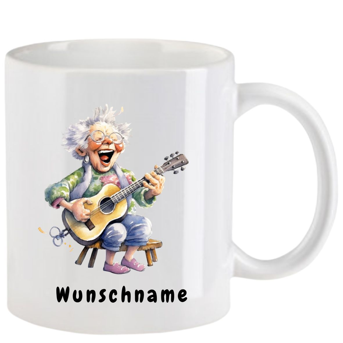 Weißer Becher mit Cartoon einer Gitarre spielenden Frau und dem Wort „Wunschname“ am Boden.
