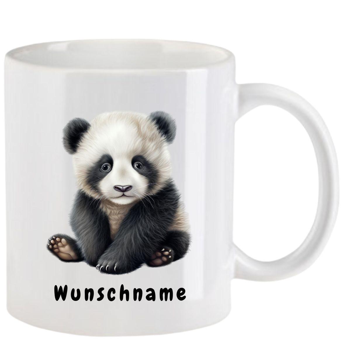 Weißer Becher mit einer Panda-Illustration und dem Wort „Wunschname“ darunter.