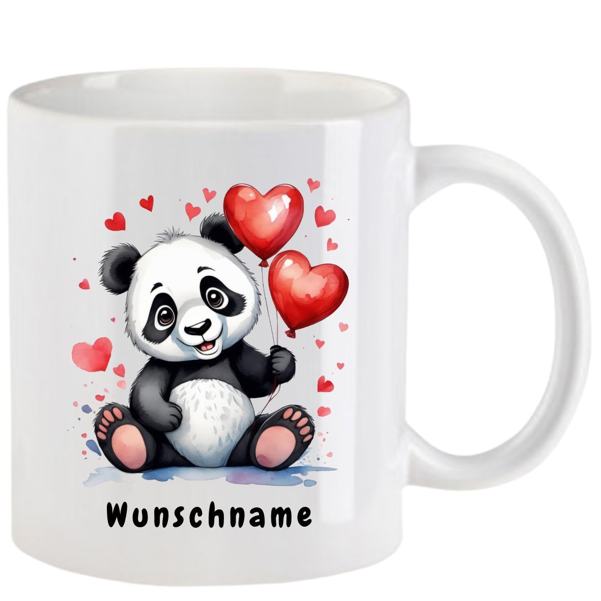 Weißer Becher mit einem Panda, der Herzluftballons hält, im Aquarellstil. Text: Wunschname.