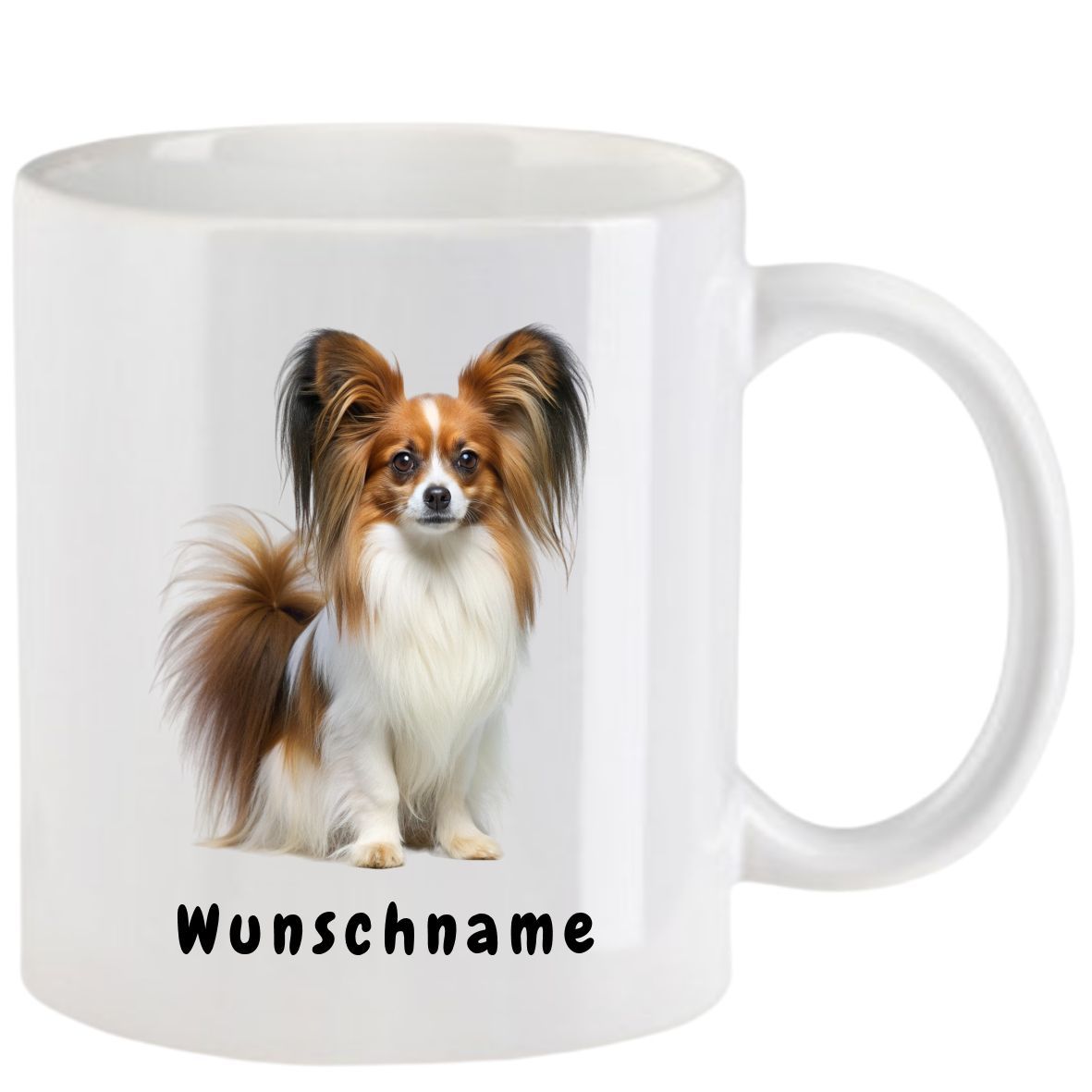Weißer Becher mit einem Papillon-Hund und dem Wort „Wunschname“.