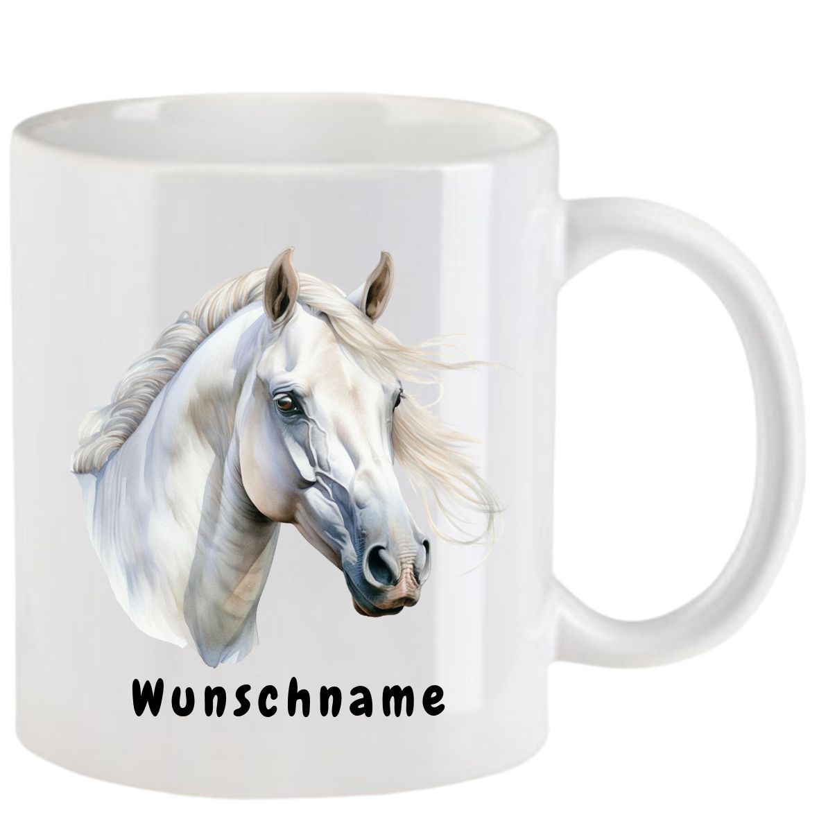 Weißer Kaffeebecher mit einer Abbildung eines weißen Pferdes und dem Wort „Wunschname“.