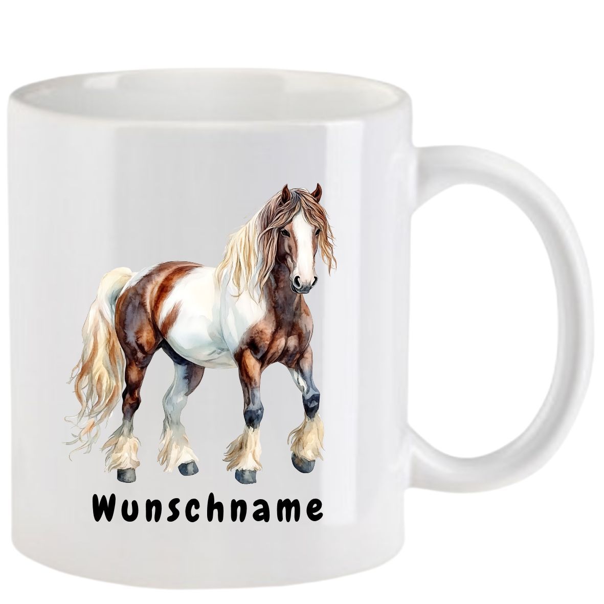 Weißer Becher mit einem braun-weißen Pferd und dem Wort 