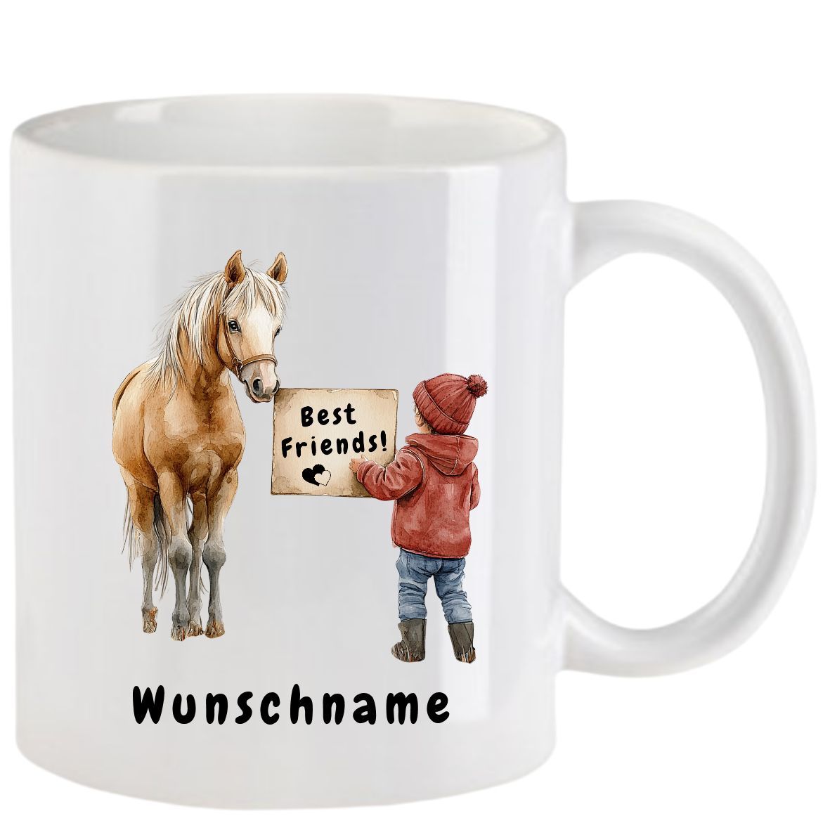 Weißer Becher mit einem Pferd und einem Kind, das ein Schild mit der Aufschrift „Beste Freunde“ hält.