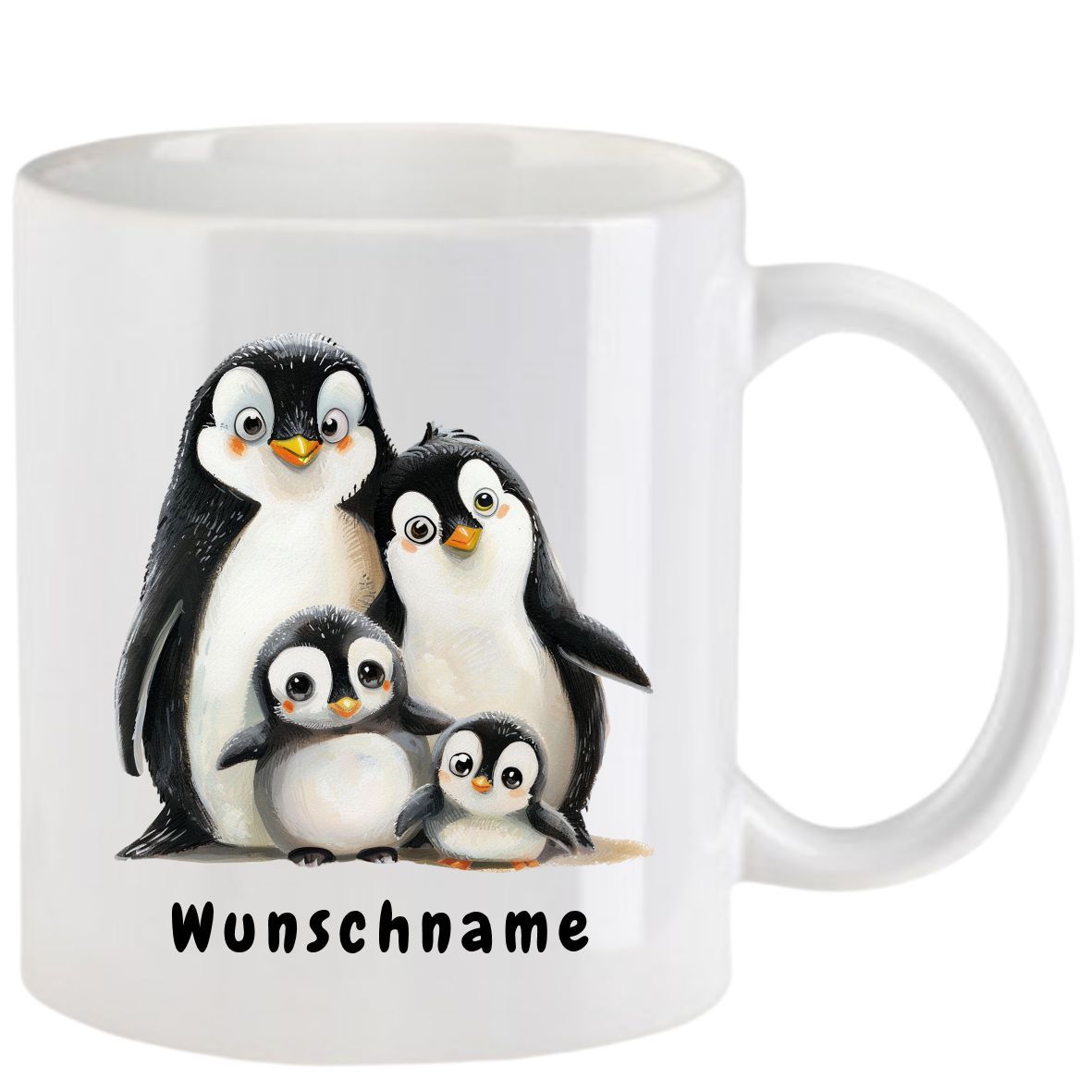 Weißer Becher mit Comic-Pinguinen; eine vierköpfige Familie. Der Text darunter lautet „Wunschname“.